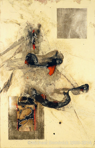 Michael Dominick, Discovery No. 1, 2014, Oil, iron, white gold leaf and mixed media on charred paper, 34" x 22"